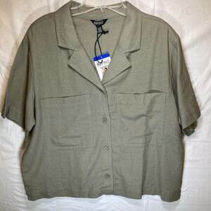 Buffalo Women's Linen Blend Short Sleeve Utility Top, Light Olive, Large